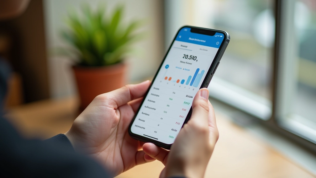 Mobile phone screen displaying budgeting app interface with financial charts and transaction history