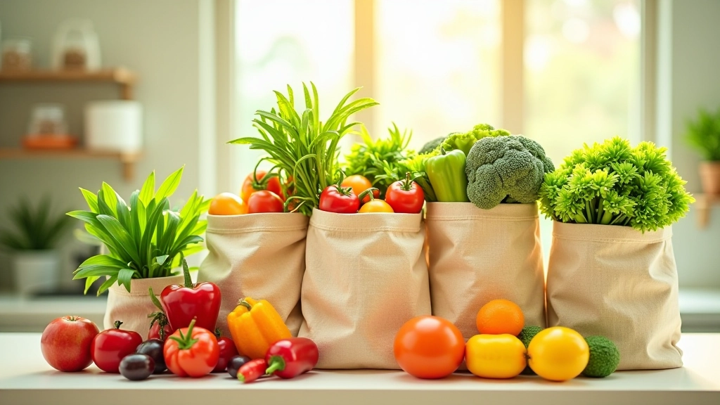 Fresh vegetables and groceries organized in canvas shopping bags on kitchen counter