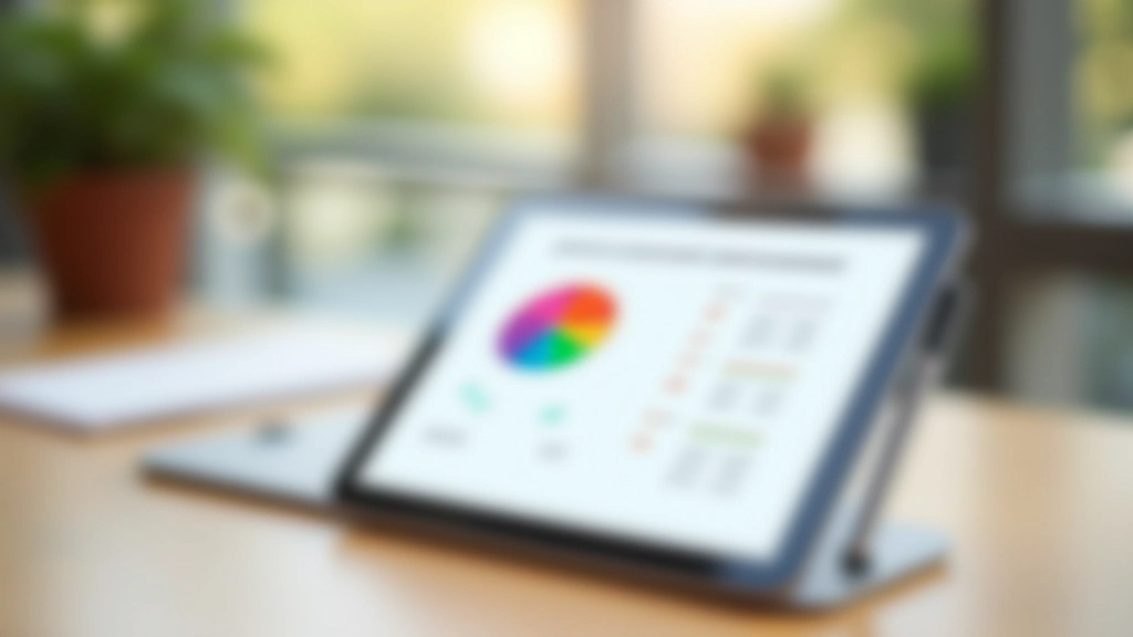 Pie chart visualization showing monthly expense breakdown by category on tablet screen with stylus